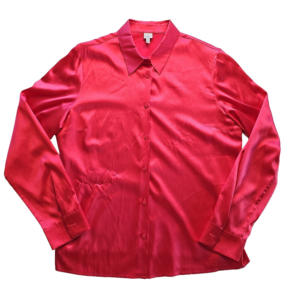 Anne Klein 2 Womens 14 Pink 95% Silk Stretch Button Down Blouse Long Sleeve